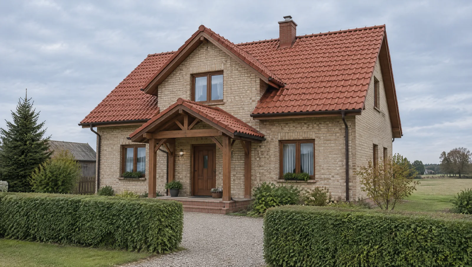 Dom z cegły z czerwoną dachówką i drewnianym gankiem na słupach, żywopłot od strony drogi