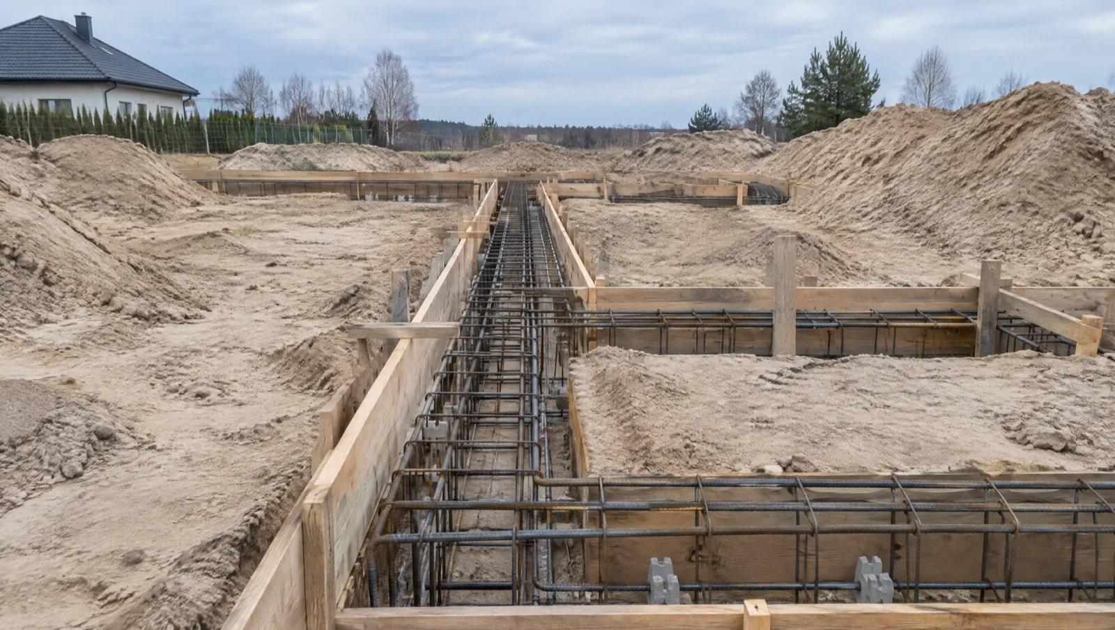 Zbrojenie ław fundamentowych w szalunkach na piaszczystej działce, przygotowane do zalania betonem